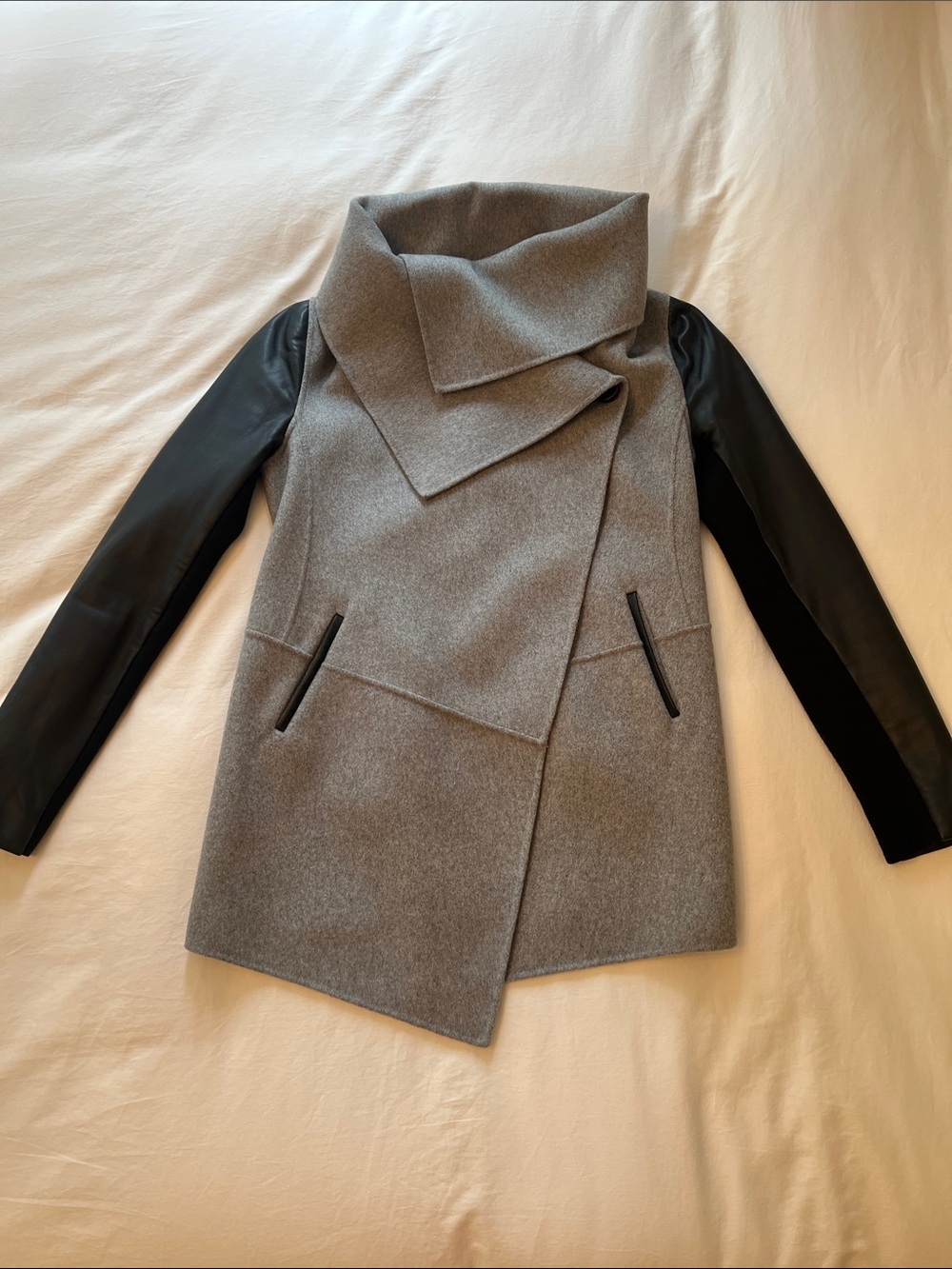 Mackage Vane Coat Grey Wool Coat with Black Leather Sleeve Size S